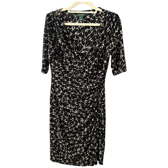 Lauren Ralph Lauren Sheath Dress Womens Sz 6 Black Geo Print Ruched Wrap V Neck - Picture 1 of 10